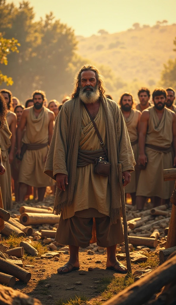 A captivating and beautiful cinematic scene set in 2000 B.C. A grizzled, Hebrew man named John, aged 75, stands before a coal mine where he is chained and condemned. His long, white hair and beard frame his stoic face. Surrounding him are fellow condemned individuals, laboring tirelessly with their tattered and dirty clothes. A Roman centurion oversees the scene, maintaining order. The architecture of the mine and the atmosphere of the scene evoke a powerful sense of historical drama and human resilience., photo, portrait photography, architecture, cinematic