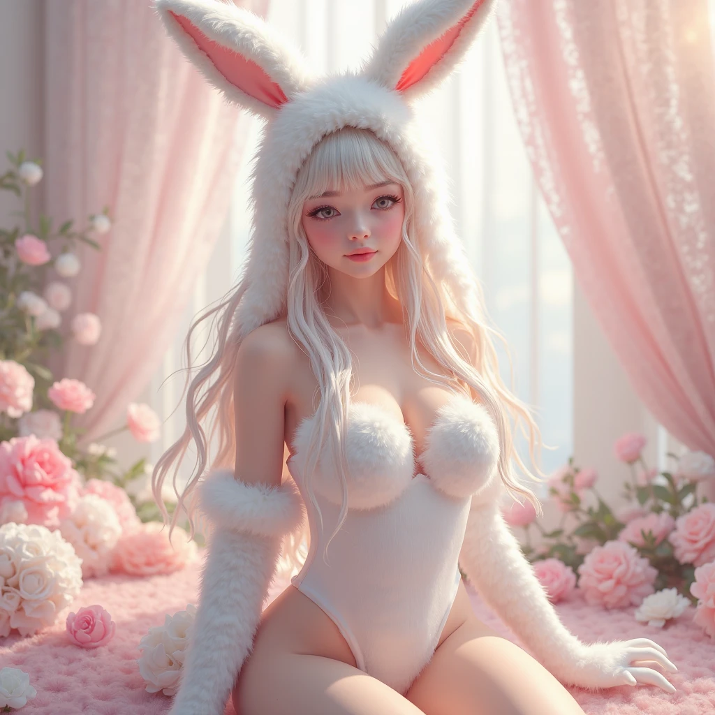 Anime, 1girl, solo, looking at viewer, makeup, mid day, (realistic:1.2), (realism), (masterpiece:1.2), (best quality), (ultra detailed), (8k, 4k, intricate),(full-body-shot:1), (85mm), lighting, (highly detailed:1.2),(detailed face:1.2), (gradients), sfw, colorful,(detailed eyes:1.2)(detailed background),detailed, (dynamic angle:1.2), (dynamic pose:1.2), (rule of third_composition:1.3), (Line of action:1.2). Beautiful woman, bedroom background, green eyes, large breasts, wearing a white bunny onesie, floppy bunny ears