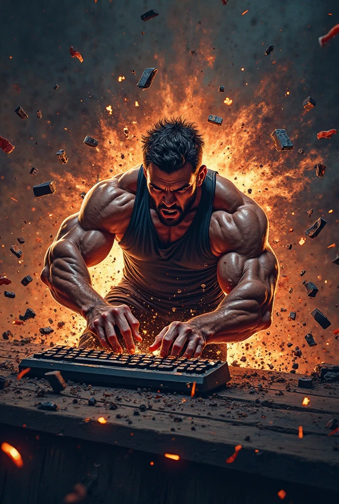 Make a realistic image of a muscular man using a burning computer Make it more fire Make the computer smoke Make the computer return to normal