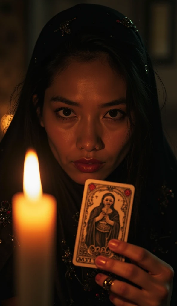 (((masterpiece, high resolution:Leyak, dark black magic practice in Bali, Rangda, witch ,magic from the spell, mist of fog,in a room,table,magic,creepy,dark, semi realism,photorealism, :1.2))), (Sony Alpha 1 camera, renowned for capturing exceptional detail and low-light performance:1.2), (paired with the Sony FE 24-70mm f/2.8 lens for a versatile and sharp composition:1.2), (the woman surrounded by an aura of mystery and intrigue:1.1), (her dark clothing and enigmatic expression adding to the atmosphere:1.1), (Sony Alpha 1 camera capturing the intricate textures and subtle shades in the low-light setting:1.2), (a table adorned with tarot cards, spread out in a mystic formation:1.1), (candles flickering, casting dancing shadows around the room:1.1), (the dim lighting adding to the ambiance of secrecy and mysticism:1.1), (the woman's eyes focused on the cards, as if seeking answers from the unknown:1.1), (a crystal ball nearby, adding to the mystical setting:1.1), (symbols of astrology and esoteric knowledge decorating the room:1.1), (a hint of incense in the air, adding to the sensory experience:1.1), (the photo capturing the woman's connection with the spiritual world and her mysterious aura:1.1), (a moment frozen in time, capturing the intense and introspective atmosphere of divination:1.1), (an image that invites viewers into a world of magic and spiritual insight, leaving them intrigued and curious:1.1), Cinematic, Hyper-detailed, insane details, Beautifully color graded, Unreal Engine, DOF, Super-Resolution, Megapixel, Cinematic Lightning, Anti-Aliasing, FKAA, TXAA, RTX, SSAO, Post Processing, Post Production, Tone Mapping, CGI, VFX, SFX, Insanely detailed and intricate, Hyper maximalist, Hyper realistic, Volumetric, Photorealistic, ultra photoreal, ultra-detailed, intricate details, 8K, Super detailed, Full color, Volumetric lightning, HDR, Realistic, Unreal Engine, 16K, Sharp focus, Octane render