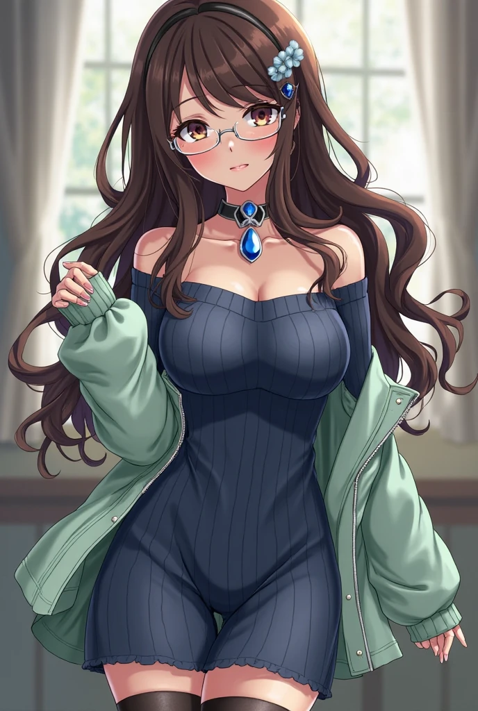 1girl, long hair, black hair, curly hair, mature female, glasses