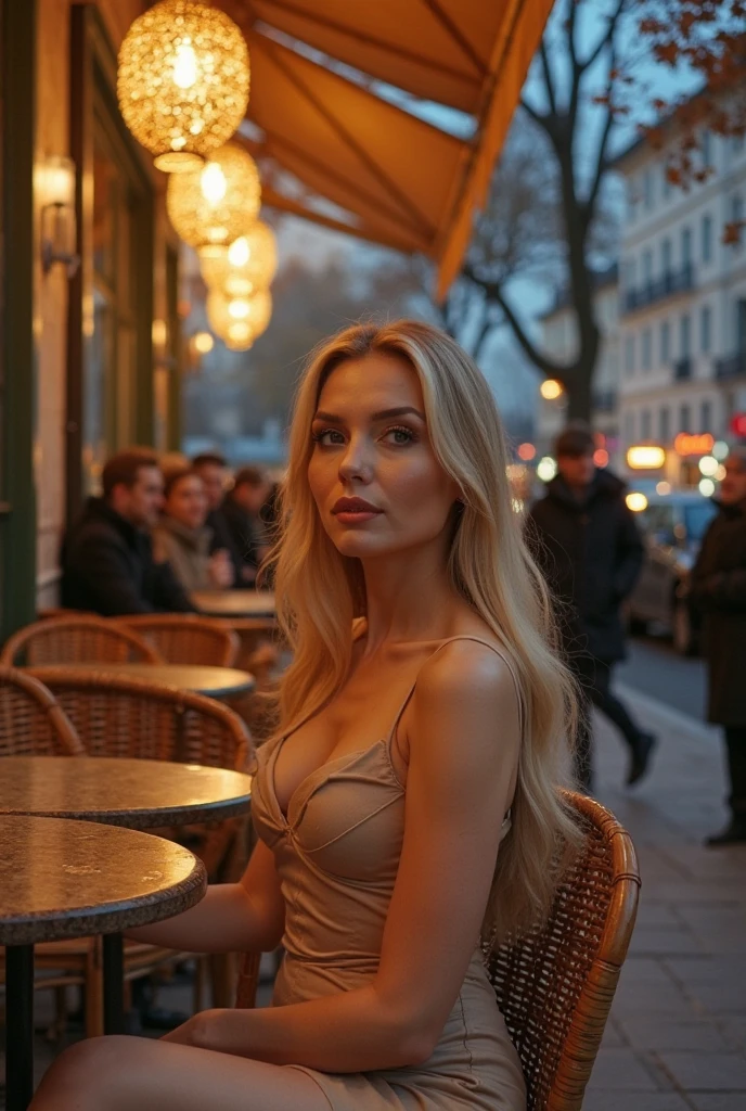 ((best quality)), ((head of&#39;artwork)), (detail), visage parfait, cheveux blonds, size 4 chest, wearing chemise en jean, dans un restaurant, beautiful view of Paris in the background, chemise en jean