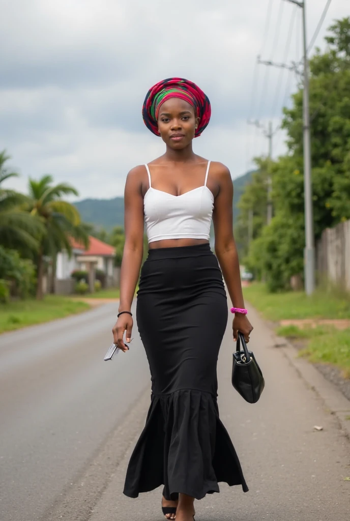 Create a realistic depiction of a 23 year old African lady who is smartly dressed for church. She should be wearing modern, Her outfit should prominently feature green top and white skirt. She should have a very thick build and appear realistic."
