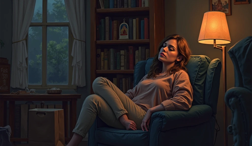 A young woman sits exhausted in an armchair 