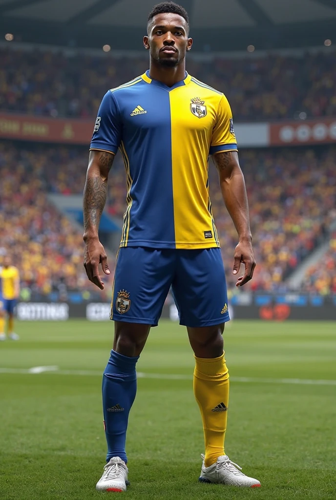 The most beautiful uniform you can create for my team in the colors blue, gold and black