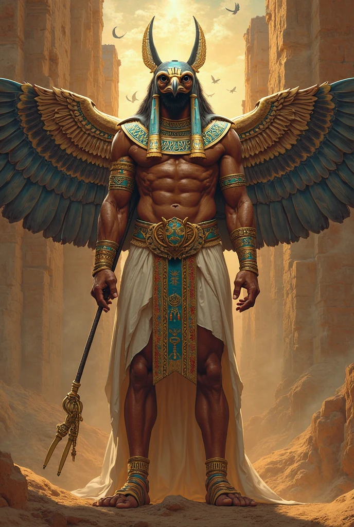 (((Man Body and Falcon Helmet))) Best quality, Ultra-high resolution, 4K Detailed CG, masterpiece, Egyptian Mythology,Tuna Sun, sunrise,ancient Egyptian, Standing posture, Bird's head , White clothes, Egyptian clothing, hell, current, Nile River, time, desert, , ((Falcon Helmet, Man's body)), sunrise, Aesthetic, Beautiful images, In the center of the screen, Standing posture, sunrise