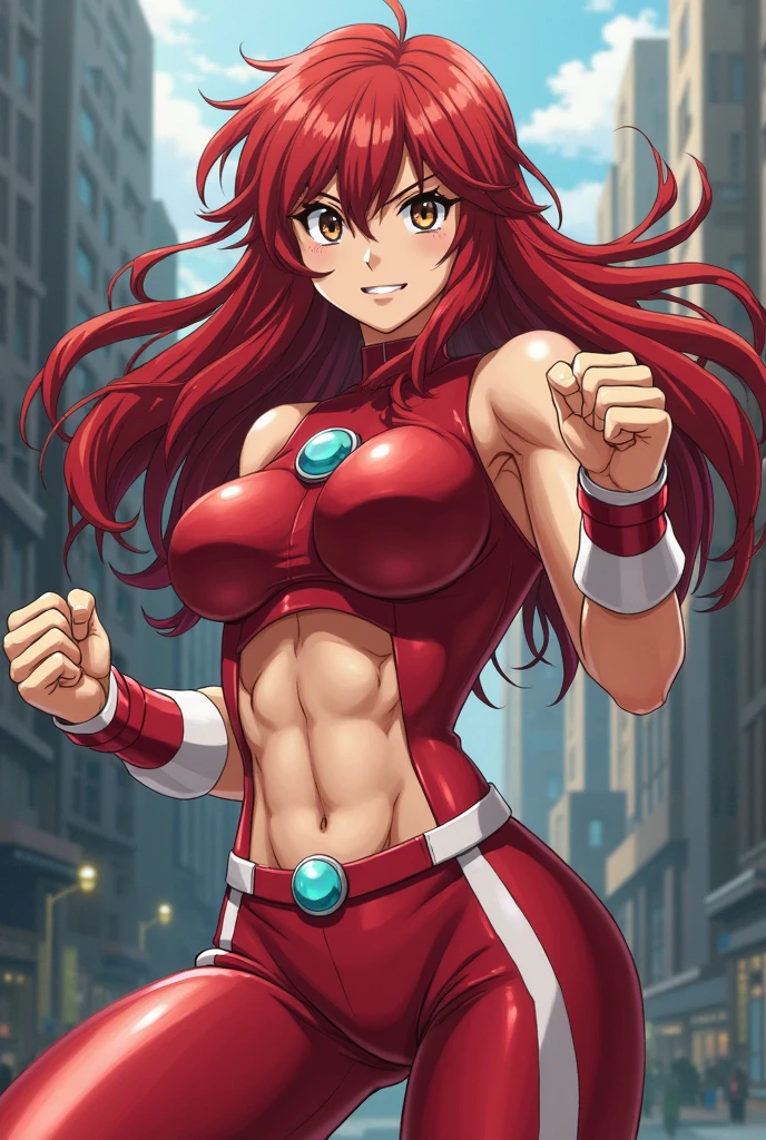 (masterpiece, upper body view, 4K, Best Quality, Anime style: 1.9, far view, Adult Woman, ultra detailed face, (cloud background, wrestling), Drawing lines, high resolution, Anime, lacus4), 1girl, Solo, curvy figure, Long hair, 鎖骨, scapular, (Detailed wide hair bangs, Hair Ornament, Detailed reddish-pink hair, shiny streaks, hair cover shoulders, golden crest), cleavage, large hands, (female wrestler). (Big blue eyes, shiny eyes), ((female wrestler, (slim body), little biceps, closed fists, groin)), ((perfect proportions, medium breasts, long belly)), (((red strapless, neck band))), happy, smile, closed mouth, (standing, looking at the viewer)