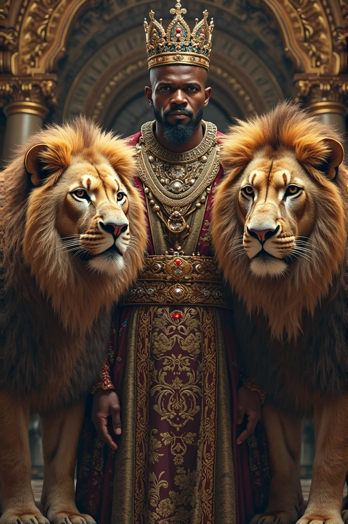 a man in a white robe and two white lions, lion warrior, brown skin man egyptian prince, snoop dogg as a barbarian, ancient kings in white robes, african mythology, king of kings, by derek zabrocki, king of the jungle, loin cloth, powerful warrior, god of cats, portrait of a king, fantasy style 8 k octane render