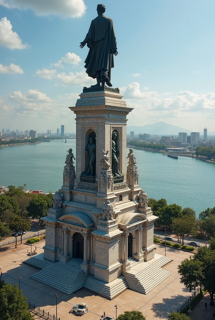 Panoramic view of the coastal city of Santos. In the background, a large 30-meter golden statue of a black football player with his hand raised. Next door, a football stadium.
