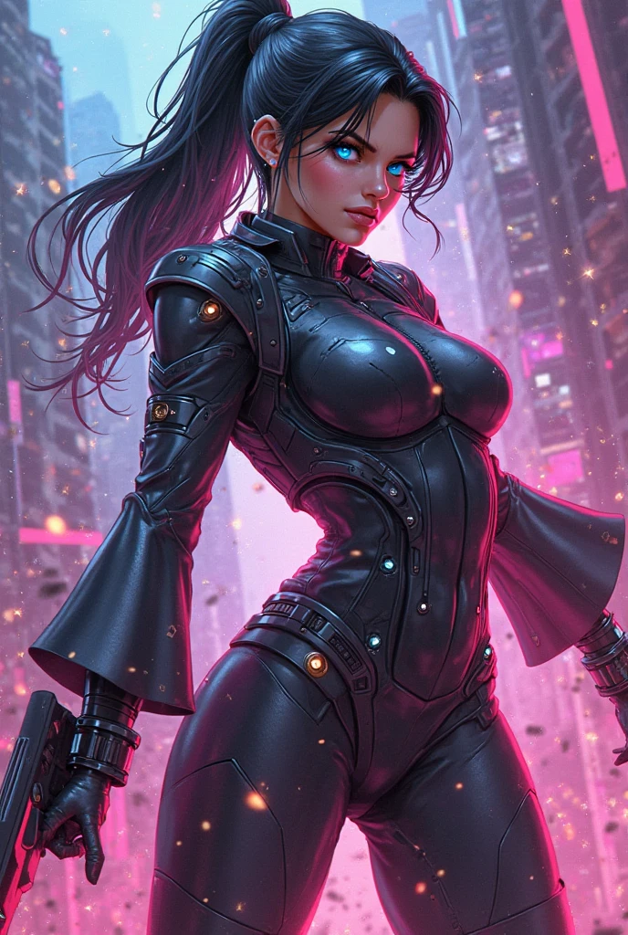 TimBurton Animation A futuristic businesswoman in formal cyber armor who is tough and impenetrable, holding a huge abstract alien gun with some neon lights and a stylish visor that covers her eyes because she is blind, and the display has neon square OLED screens and she has a menacing smile, and some faulty pixels are raining on your suit/armor as she points her gun at the roof of a future city