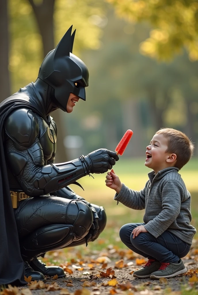 Realistic photography of Batman kneeling to take pictures with smiling and laughing children in a hospital playroom, the room bright and colorful, creating a cheerful environment, captured with a 50mm lens, natural lighting, focus on the children's delighted expressions and Batman's caring demeanor