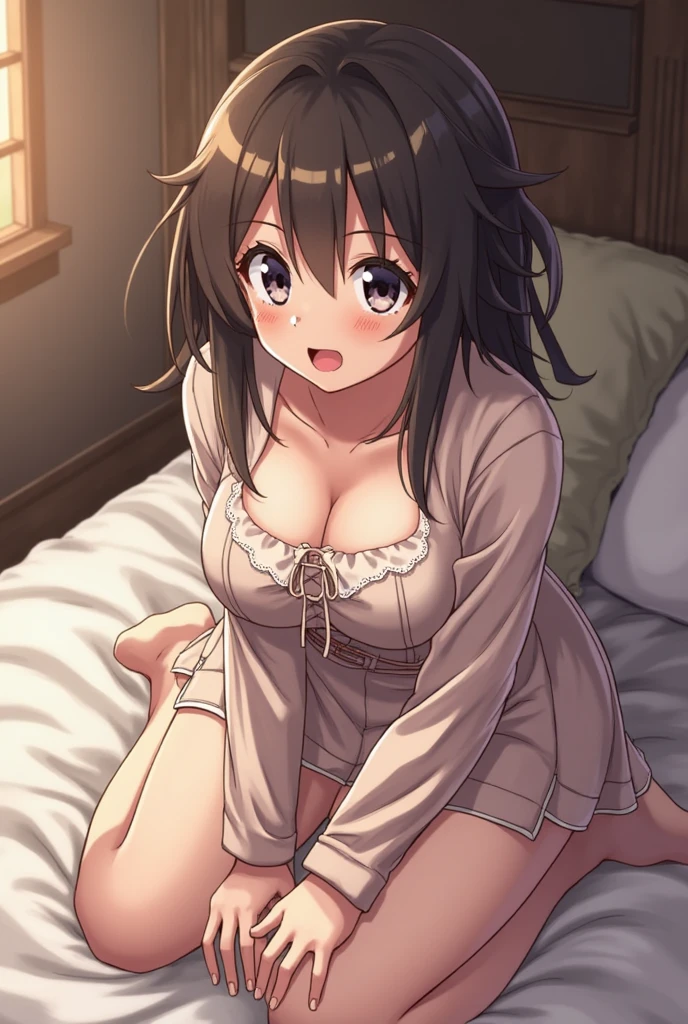 (masterpiece, highest quality), One girl,    Yunyun,Long Hair,Braiding,Twin tails,Hair between the eyes,Hair Ribbon,hair ornaments,Red Eyes,Big Breasts,(Yellow off-the-shoulder pajamas),Pink Pants,A shy smile,Lie face up on the bed,No pants