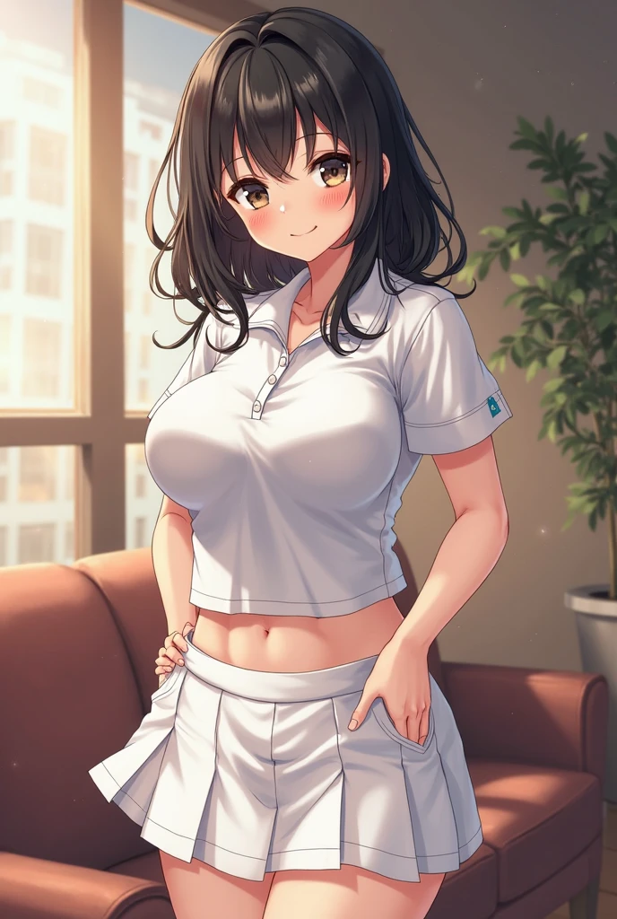((masutepiece, Best Quality, hight resolution, nffsw, Perfect Pixel, 4K, nffsw, nffsw))), 1girl in, Single, Solo, Beautie、full body seen、 ((Middle Wave Hair, Bangs, Brown hair)), ((Brown-eyed, Beautiful eyelashes, Realistic eyes)), ((Detailed face, Blushing:1.2)), ((Smooth texture:0.75, Realistic texture:0.65, Photorealistic:1.1, Anime CG style)), medium breasts, Dynamic Angle, Perfect body, Tennis Wear, Shirts with short sleeve collar、pleatedskirt,breasts looking、(no-bra、See-through nipples)、、, tennis coat、during daytime、stick out buttocks、sexy pose、Very embarrassing panic smile、、