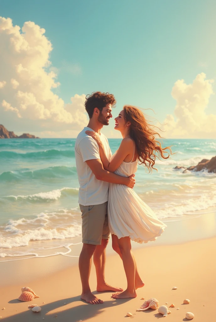 couple, happy, beach, waves