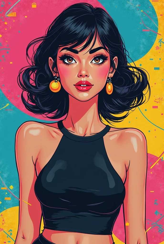 pretty Woman, black hair, a strand of pastel red hair, black eyes, thesis clara, a small red heart on the right cheek, comic-style image, Curly shoulder length hair, medium breasts, wearing a chic black dress that starts from the chest, short dress