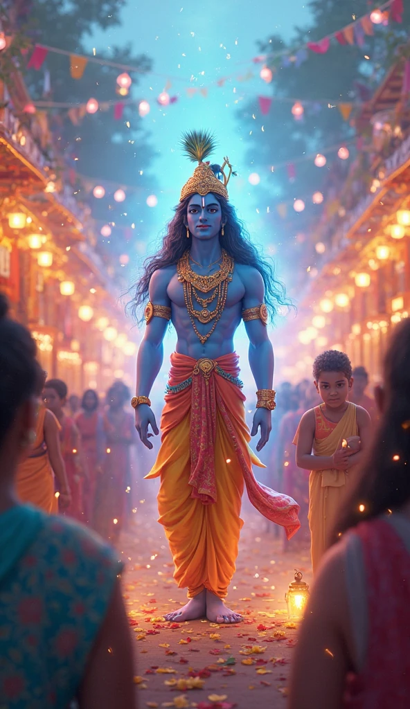 :-Imagine Krishna Ji, the revered Hindu deity, strolling down a bustling road. He holds a colorful umbrella in his hand, which contrasts with his traditional attire and the lively urban backdrop. The scene blends the divine with the everyday, showcasing Ganesh Ji's serene presence amidst the modern world."