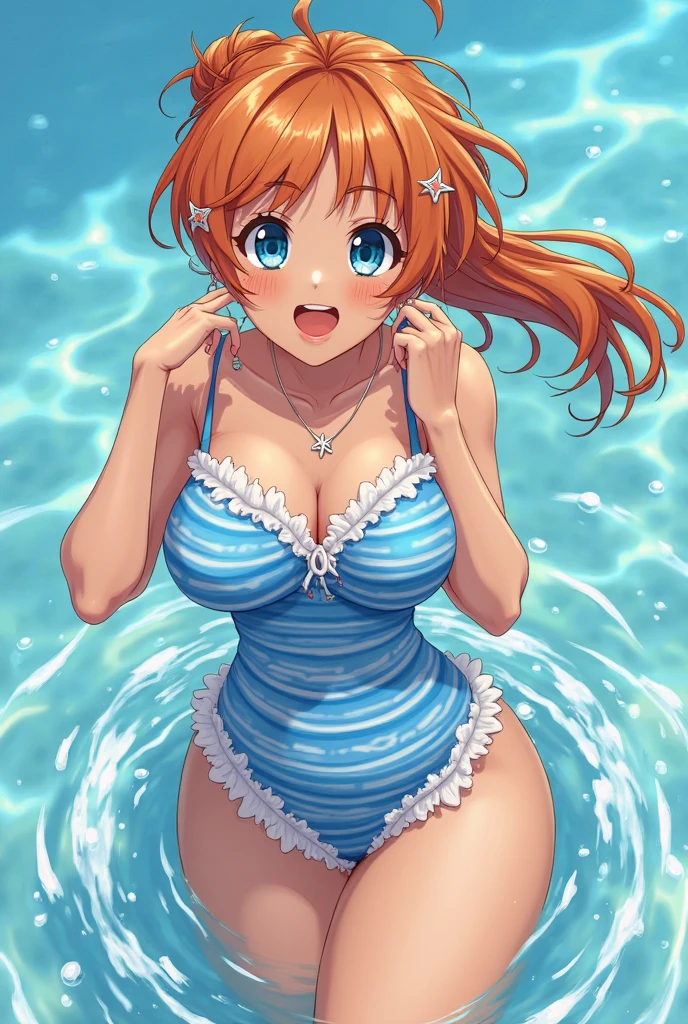 Honoka kousaka love live, blue eyes, orange hair,hair flower, solo, (white multilayer bikini:1.2),wet, on ground,wariza, finger to mouth, big breasts