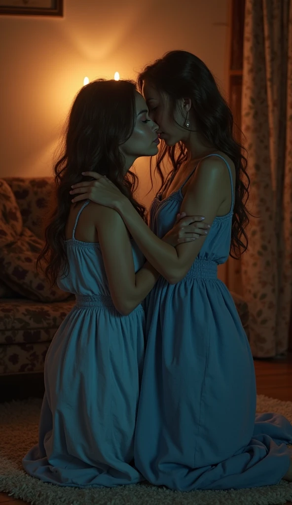 full body standing straight barefoot, long hair, holding hands on bed, kissing each other, sleeping together MOTHER AND DAUGHTERS
