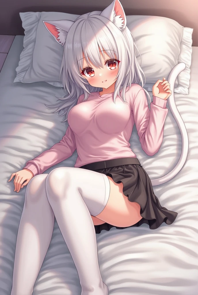 bedroom, (masterpiece), best quality, my foxy girlfriend - fuku, medium breasts, white fox ears, one white fox tail, round face, white hair, white skin, cute girl, innocent , medium size, teenager, light pink sweater, white thighs high,red tie hidden by sweater, red pink eyes, short back hair, 2 long strands falling on breasts, very short red plaid skirt under the sweater, thick thigh, black japanese school shoes
