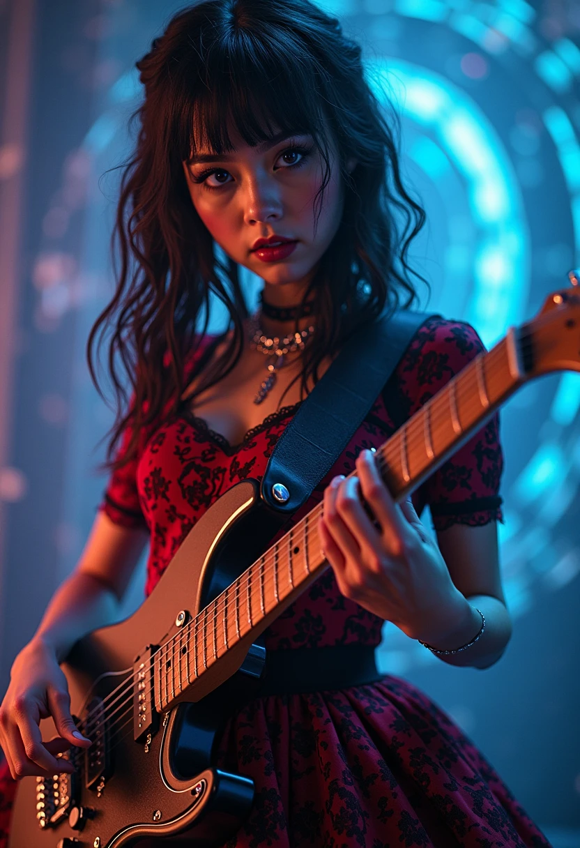 ((mundo paralelo:1.1)), (1 chica:1.4), ((guitar:1)),(una hermosa mujer parada en lo alto de un edificio, tocando la guitarra con pasion rockstar, 2D Kinematics, desgarrando en cgsociety, banda tocando, publico a sus pies, la mujer toca la guitarra con extremo talento, El metaverso, protagonista, escenario nocturno, transmission, concert backdrop), romanticismo, atmospheric, pasional (foto cruda, mejor calidad), (realista, photo-realista:1.3), Obra maestra, un extremadamente delicado y hermoso, extremadamente detallado, ((parte superior del cuerpo:1)), Best quality score, Extremely detailed , dynamic angle, raytraced, middle body, close up, high view, fire particles and hard lights, angulo picado.,worldoffire,metal steel building