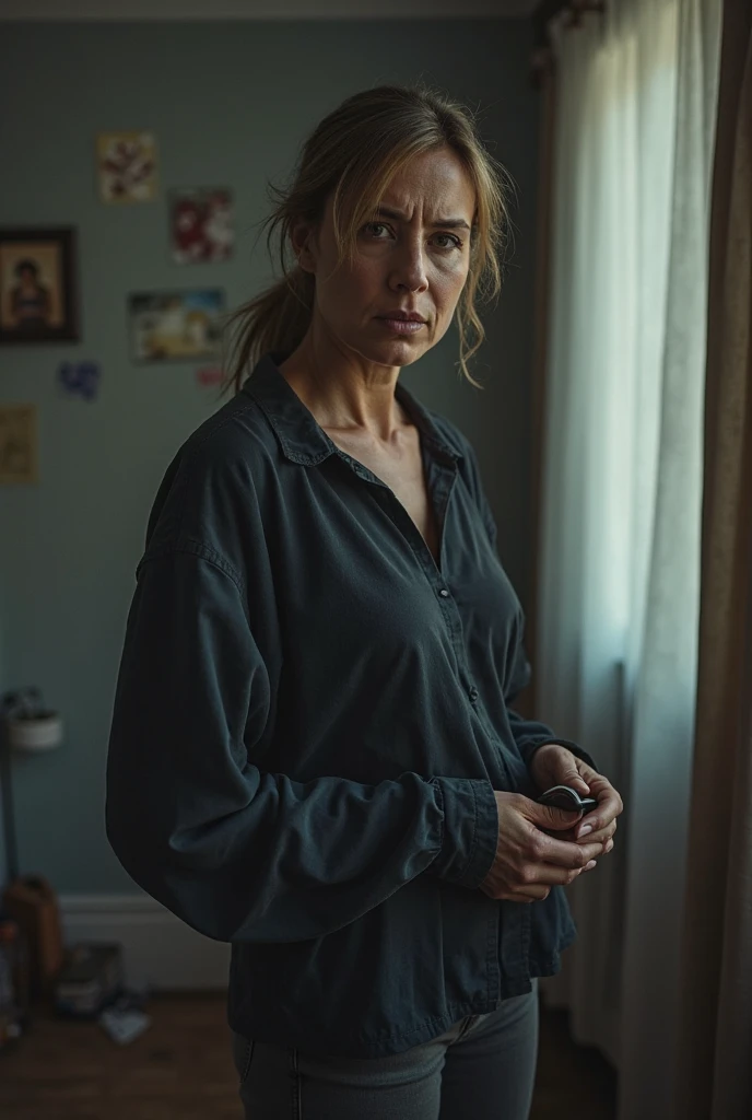 portrait of a 48yo british woman, college history professor, sheer top, cotton underpants, in the doorway, (dark private study, dark and moody light:1.2), bokeh, film grain