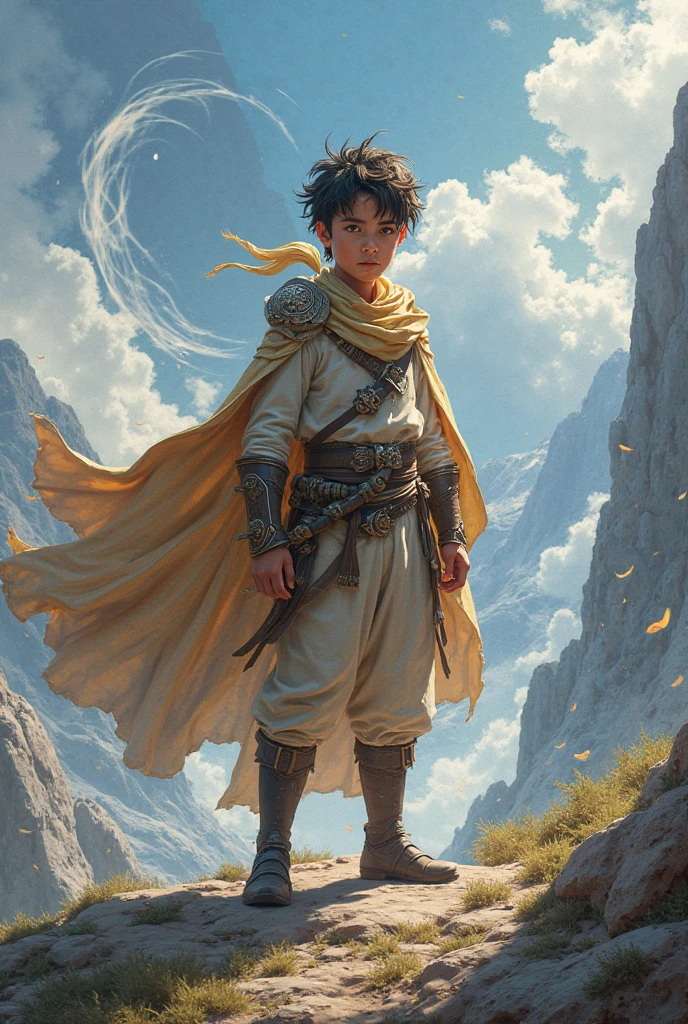 A young boy standing on a mountain with a sword on his waist and behind him are animals and many plants and he is wearing a white robe.