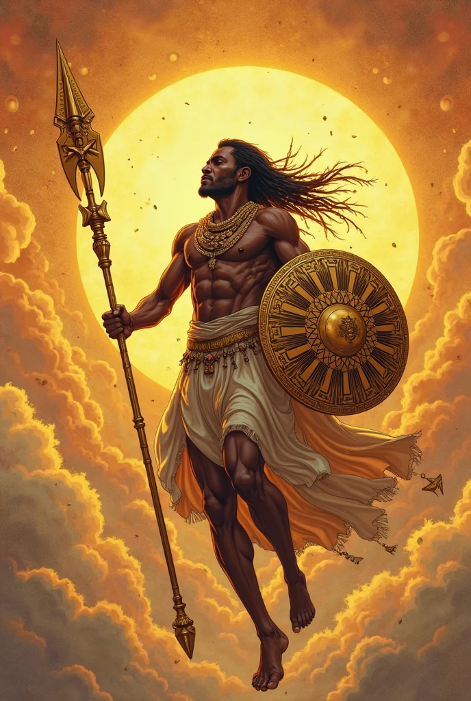 Strong Orixa Ogum  wearing clothes made of golden grass  African , smiling a lot
And holding two handcrafted machetes  !  A sensual black man  (African drawing) ! And behind the sign of technology 