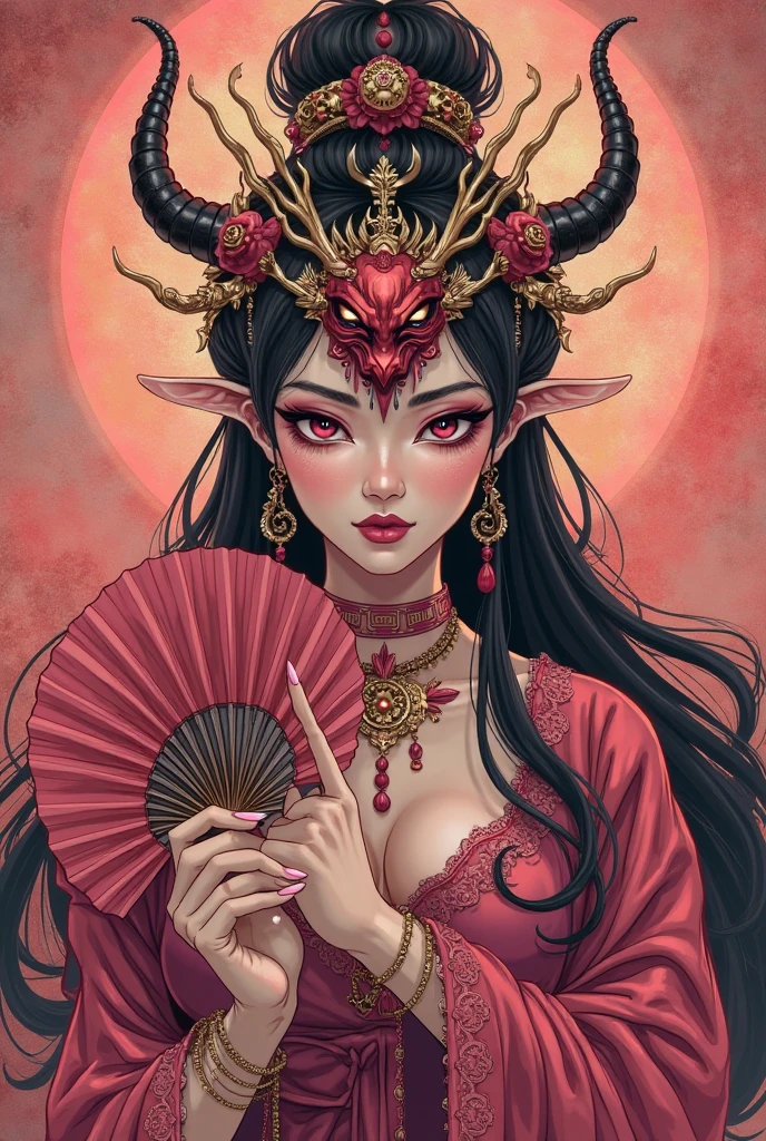 female succubus in chinese folk outfit, vector graphics, strong contours, logo design