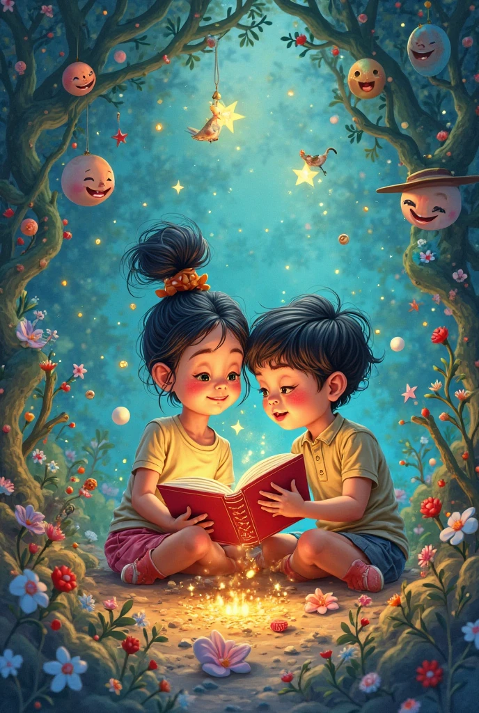 a colorful image, of children reading a book and having many childhood dreams with the stories