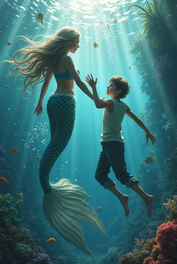 Ocean Park Aquarium，Cute mermaid，Silver blonde hair and blue eyes underwater，a little boy looks at