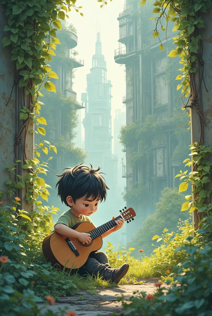 In the midst of a war-torn, smoky ruin, a child is playing a guitar, (A tenacious little flower grows at the child's feet), The scene captures the stark contrast between the devastation of the surroundings and the innocence of the child. The ruins are filled with debris and remnants of buildings, with smoke and fire in the background. The child's expression is somber, reflecting the harsh reality of the situation. The overall mood is poignant and emotional, with muted colors and dramatic lighting to emphasize the desolation and the glimmer of hope represented by the music.