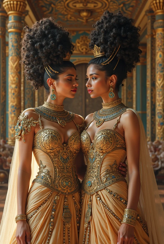 Duas mulheres uma loira e a outra afro-americana de vestido longo na selva