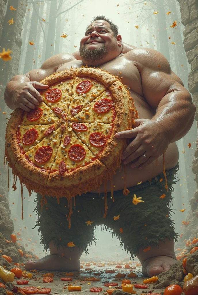 Big fat mexican man sharing a pizza with an aligator