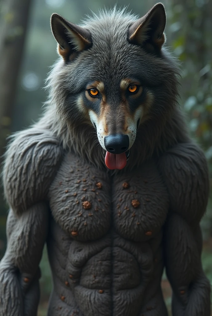 Sweaty adult male muscular furry wolf in fursuit (detailded), pose sexy, thick roll, naked bottom view