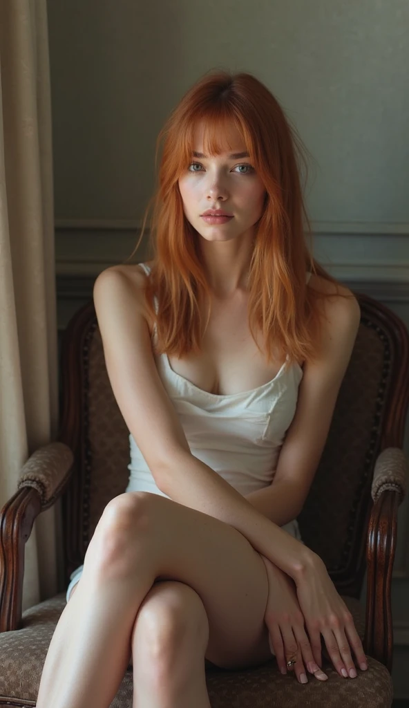(ultra photorealistic:1.3), (masterpiece:1.4), best quality, ((realistic)), high quality, ultra detailed, ((realistic skin)), (best quality:1.1), (1girl:1.05), (cinematic light:1.1), dramatic chiaroscuro shadowed light, elaborate 1960s bachelor apartment with danish furniture and sofa, record player, scattered record albums, cocktail glasses, hardcover books, ashtray with smoldering cigarette, white anorexic skinny pasty skinned 19 year old nude model, 1960s style nude playboy model, large red bush of pubic hair, pale pasty freckled skin, cinematic 1960s style photography, playboy nude model, posing 3/4 to full length, tall skinniest model, long skinny bony freckled legs, long skinny veiny honey freckled arms, b-cup perfect round freckled tits with tiniest nipples, model laying back, 1960s bouffant hairdo, clipped in hairpieces, redhead freckled model,