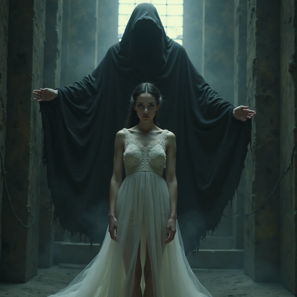 Can you do a reinterpretation of the work "Salome with the head of John the Baptist", however, with the ghostface and the head of a girl with black, medium-length hair?
