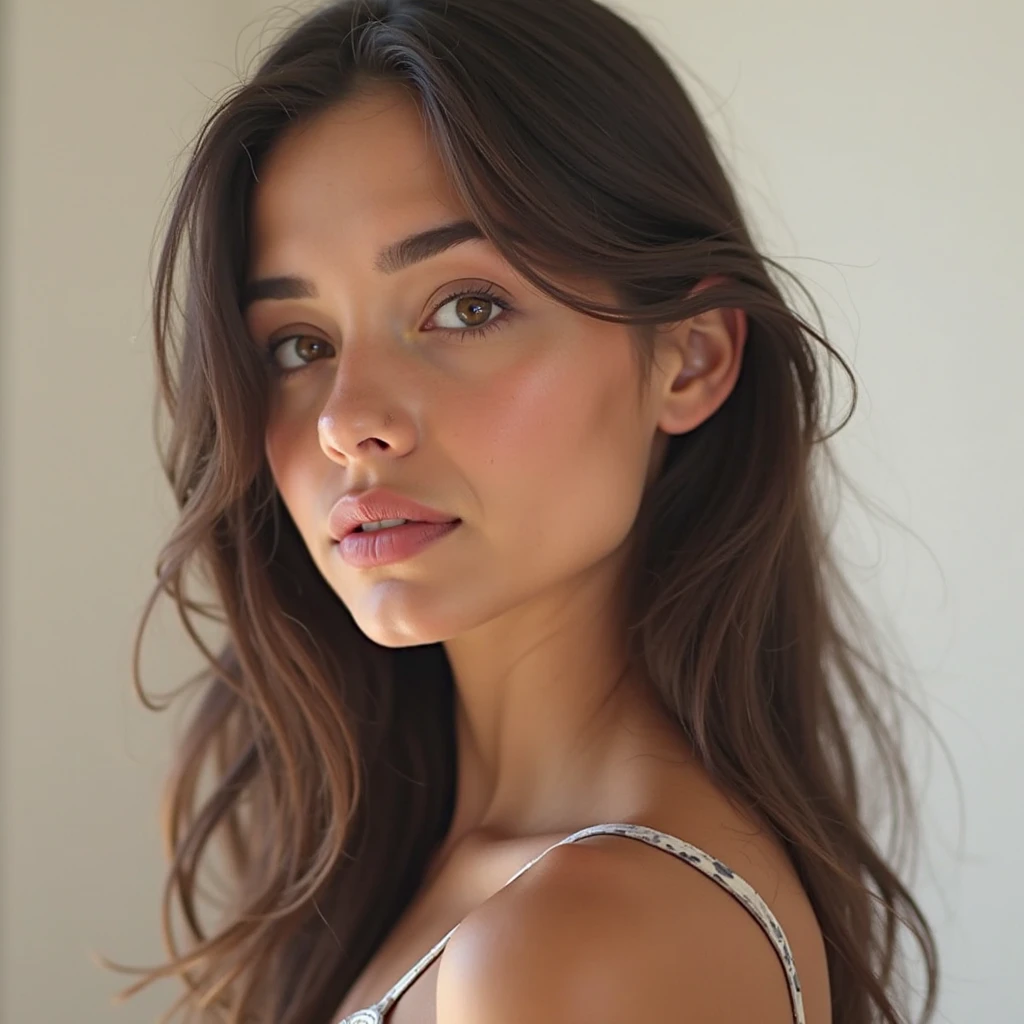 Modelo de instagram latina, en un centro de belleza, acostada en una camilla y con el cabello recogido con una toalla, lista para un tratamiento facial. De fondo se ve un letrero del centro de estetica en la pared