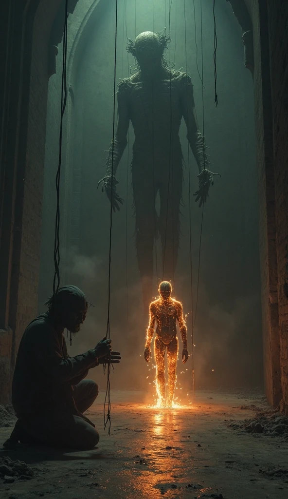 (work of art:1.2), (best qualityer:1.2), 8k, HDR, ultra detaild, ((photorrealistic)), professional light, cinematic lighting, fashion shooting, ambient lighting, fund, a vast and surreal room.
A cena se passa em a vast and surreal room, with structures and towers that defy the laws of physics. The towers and platforms float and connect in impossible ways, creating a disorienting and strange environment. The lighting is dim, with sparse light sources that accentuate the feeling of mystery and uncertainty.
In the center of the room, The manager, with a bruised head, it is in the mason's lap. The bricklayer, with an expression of effort and concern, is standing, while the female cartographer stands beside them, watching the situation with anxiety.
In the shadows of the room, an enigmatic entity as tall as a giant and menacing is partially hidden. The entity has a dark smile and a menacing presence.. Its form is indistinct and shadowy, with the smile visible only in parts of the shadows, adding an element of horror and suspense to the setting.