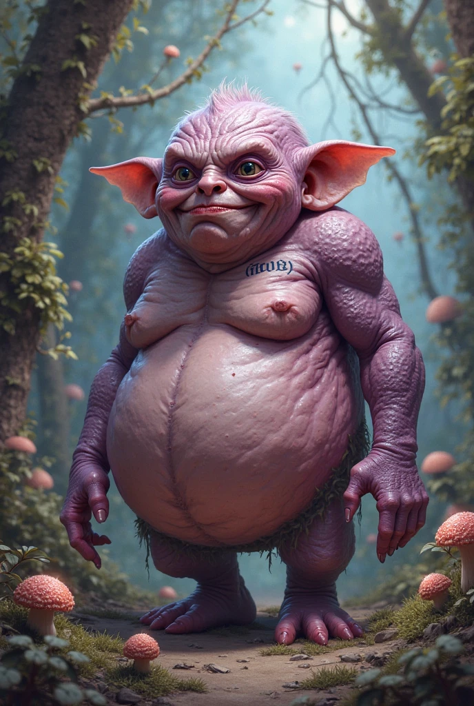 Small woman with purple skin and a purple mushroom head that covers her entire face, giving her only mouth vision, pink hair in braids on both sides, large breasts, chubby belly and thick legs.