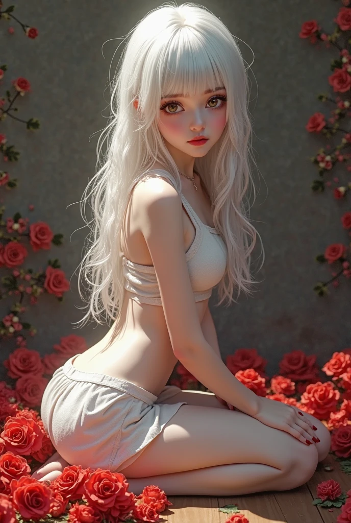 masterpiece, highest quality, approaching perfection, (perfect face:1.1), (high detail:1.1), dramatic, (female vampire), pale skin, (long pure white hair:1.4), white eyes, solo, long hair, white luxury suit, covered navel, snob, albino, Luminous Studio graphics engine, pouty lips, devil, volumetric lighting, detailed eyes, (8k wallpaper masterpiece), hyper detailed, intricately detailed, overwhelmingly pixel perfect, roses, fashion, seductive pose, on side, beautiful detailed glow, looking at viewer, BalenciagaStyle,ankymoore, Bottom-up view, 1rapper with dread hair with tattoos, white and red sexy clothes(cameltoe), graffitti background, (masterpiece), (best quality:1.2), absurdres, intricate details, flowers, leaves, roots,black hair fused with platinum and gold, nude girl, beautiful visible pubic area, pink pesons, small breasts a the view, pond of water in the garden, tattoos of mandalas and flowers on the naked body, floating old clock, lamp, lantern