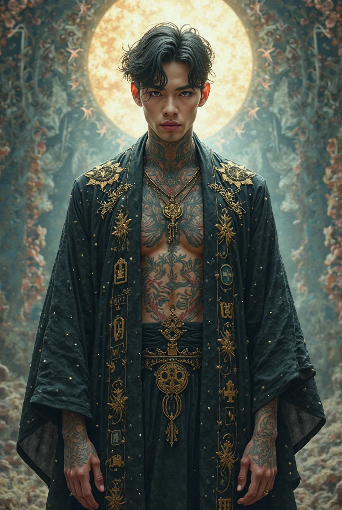 (masterpiece, top quality, best quality, official art, beautiful and aesthetic:1.2), (1man), extreme detailed,(fractal art:1.3),colorful,highest detailed Rated R, nsfw, sexy female cyborg, magazine cover, poster art , Lovecraftian horror tattoos, tattoos, hint of vibrant, bold huge text, matted design layout.
, musculine, Muscle body, Hairy chest and hairy body, loincloth,painting of a woman holding a bouquet of sunflowers in front of a golden background, hyperrealistic art nouveau, chie yoshii, andrey remnev, by Yamagata Hiro, mucha klimt and tom bagshaw, inspired by J. C. Leyendecker, inspired by J.C. Leyendecker, inspired by James C. Christensen