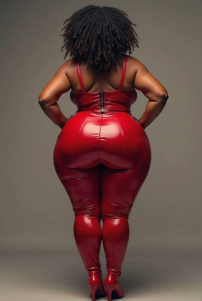 beautiful, sexy, hot, perfect, muscular, ebony woman, ponytail hairstyle, slim thicc, perfect body, accentuated curves, femininity, tight, full body picture, platform high heels, latex catsuit, body hugging, second skin, thick lips, red lipstick, cool lighting, shiny, latex choker