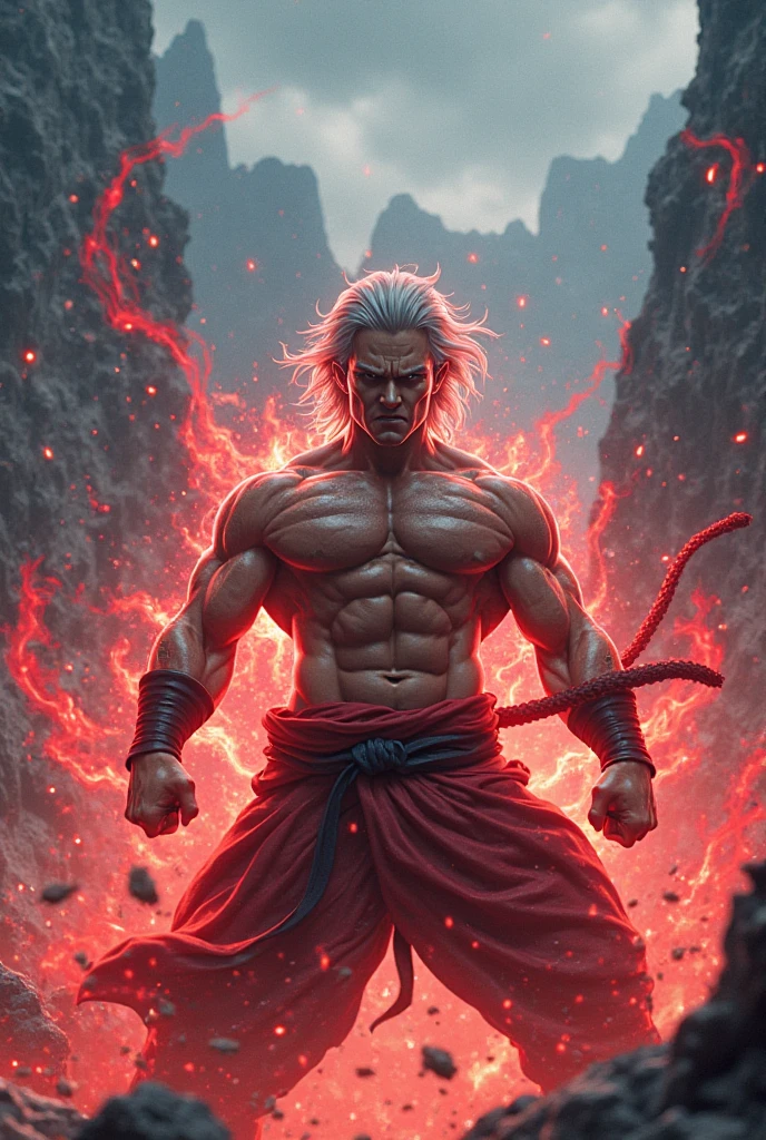(masterpiece), (best quality), (detailed), detailed face, a male god, asura god, god of destruction, god of war, white hair, battle scars, torso symbolic japanese tattoo, flames around body, raging, flaming eyes, dark attributes, japanese style, foo dogs, rampage
