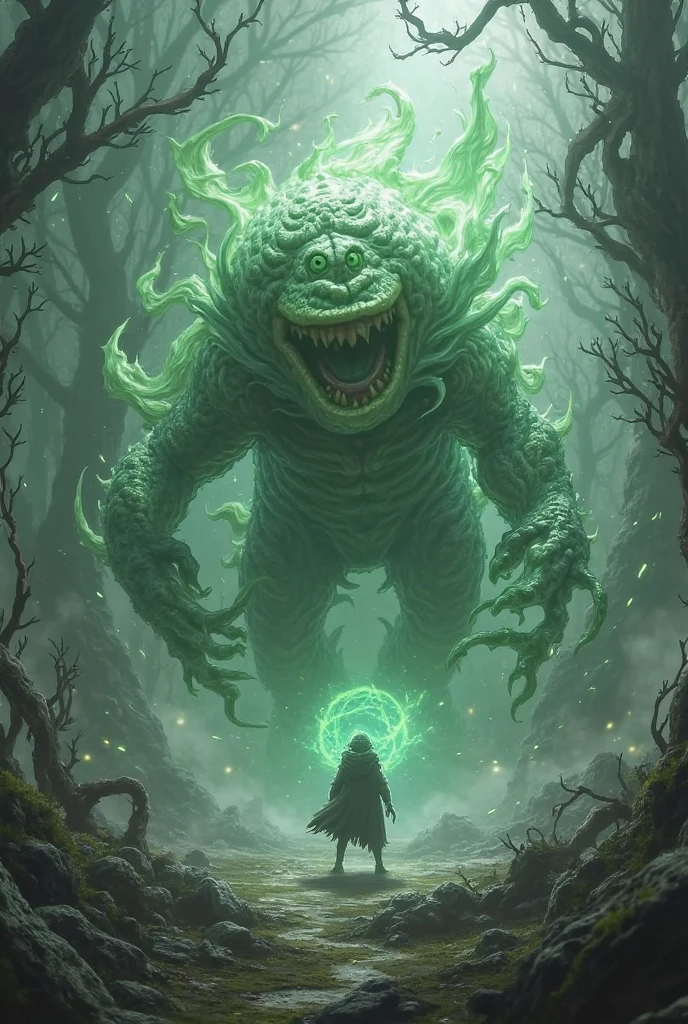 a giant transparent slime monster, towering over a human woman, devouring and dissolving her clothes, dark fantasy, night scene