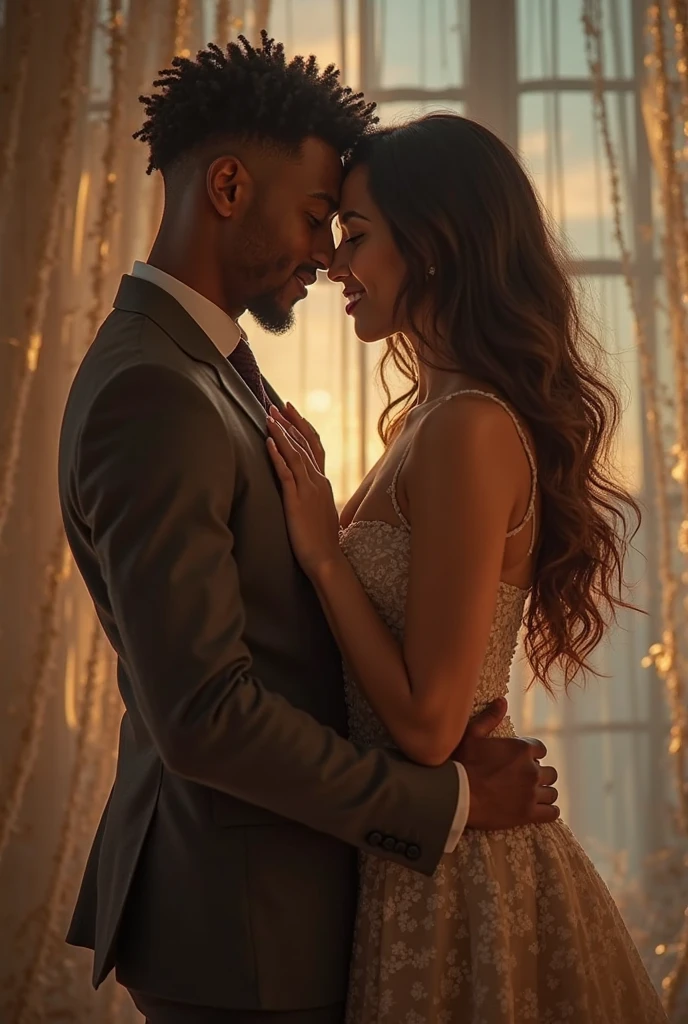 a couple together, (1female 1male), (all of body:2.2), (top view:0.6), ((couple is dancing Bachata:1.5)), face to face, eye gazing, dancing close, Dominican Republic Cuban dancers, her hair up, tight ballet bun:1.7,White Ginger, or the White Mariposa in her hair, I take a photograph with my high quality Leica camera, deep shadows:1.9, film beauty, masterpiece:1.4, cinematic:1.6, exterior balcony, autumn colors:1.3, she's intimately close as he leads their Cuban dance, lush film, she's in shadow, he grabs around her waist, his hands above her butt, perfect hands, embracing each other, (the nape of her neck:1.4), foreplay:1.8, she's provocatively smiling, intimate embracing each other, perfect Bachata, Salsa dance form:1.2, close to this man, (he has curly brown hair:1.1,), (man has hairy, veiny muscular arms:1.3) , (woman wearing Flowy skirt or dress with spandex shorts underneath:1.1), (man wearing jeans or pants that are a regular-fit, dark dress shirt, ), sweat glistening:0.7, steamy, sun setting backlit: 1.7, gorgeous balcony with flowers and string lights:1.8, view from balcony beautiful, chimneys smoking, village, loving moment, of a a couple in love