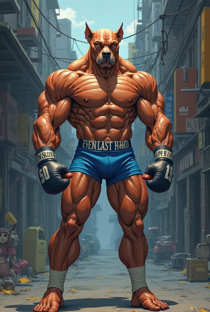 ((foto crua)), ((obra-prima)), Anthropomorphic humanoid pitbull wearing (((roupas de streetwear))), caminhando furiosamente entre as pessoas, detalhe intrincado, intricate Greebles pieces, city behind, corpo musculoso, (((large muscles))), muscular arms, (small head), Ogro monstruoso, Titan soft lighting, Hiper realista, soft-lighting, Ambiente sinistro