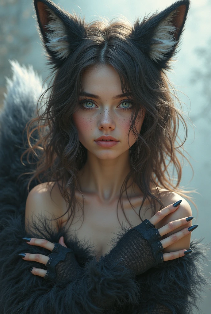 18 year old female wolf with black hair and white tips and blue eyes .naked medium tits nice thigh big ass has a big cock in her pussy and two more in each of her hands and other men cum on her