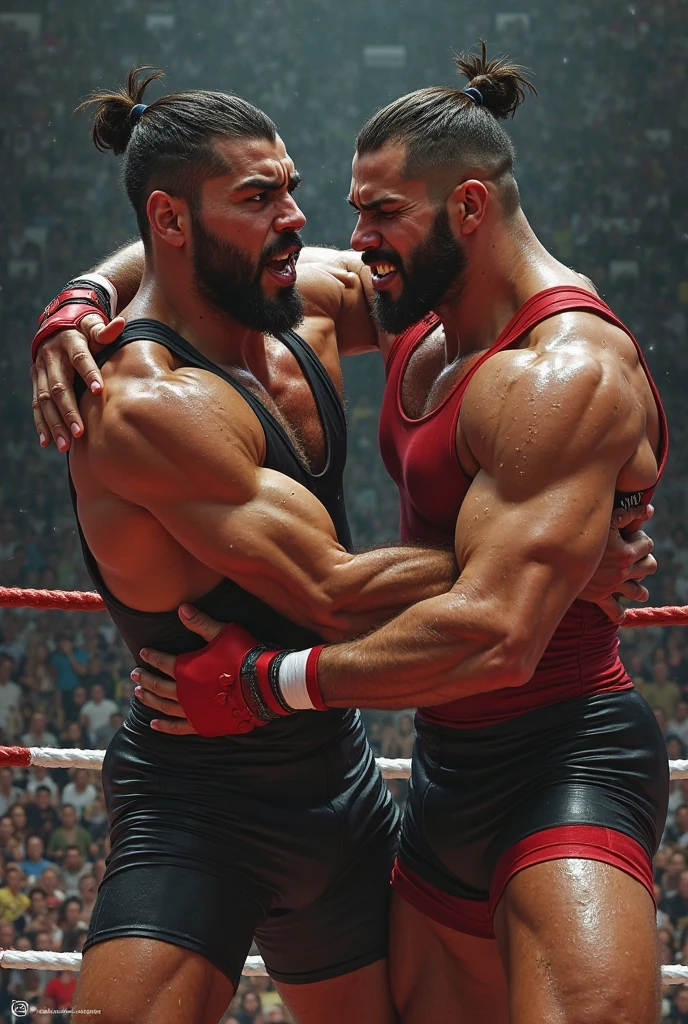 A fight between a fat European wrestler and a handsome muscular attractive white European male gymnast with spiky hair. The fat wrestler is seen choke-holding the muscular gymnast. the arena is seen in our background. All faces are looking at the camera. The wrestler is behind the gymnast . All nude