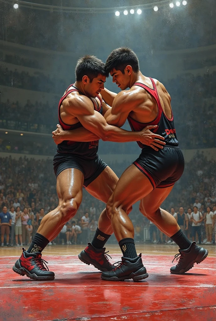 A fight between a sumo wrestler and a gymnast. The gymnast is a handsome muscular attractive Caucasian white male with spiky hair.  The sumo wrestler is seen choke-holding the gymnast. the arena is seen in our background. All faces are facing the camera. 