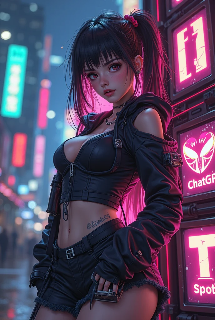 hyper realistic, masterpiece, very detailed, sci-fi, dystopian, (beautiful eyes ), (bangs), brunette, Woman, detailed face, detailed skin, baggy clothes, thigh high socks, skirt, cyberpunk, soft light, subsurface scattering,((skyline)), cumulonimbus clouds, busy street, polluted, dust, --auto --s2